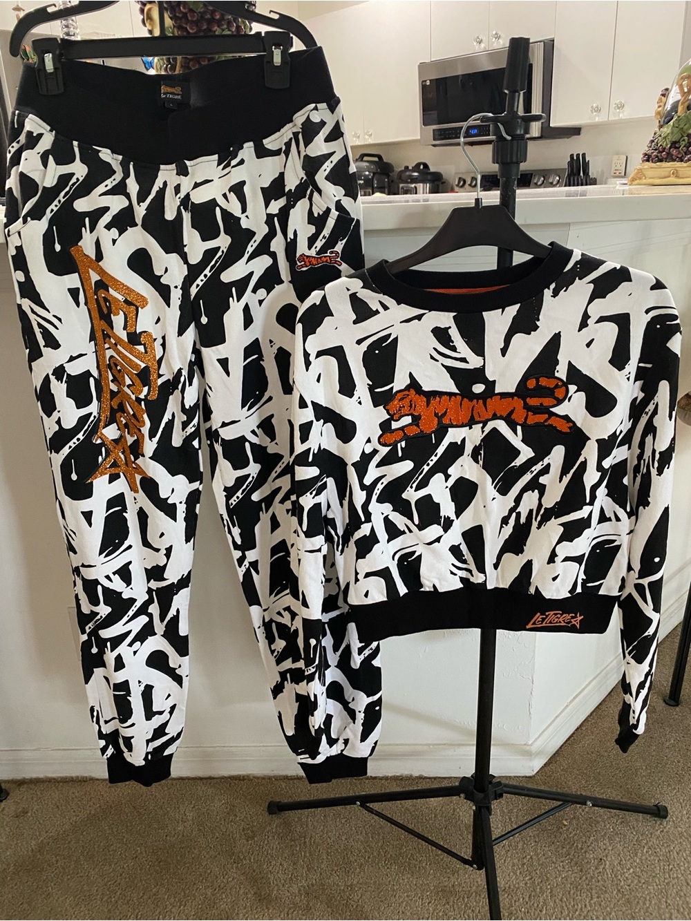 Le Tigre Kids Black & White Graffiti Jogger Set with Orange Tiger Patch